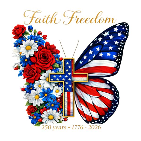 250 Years America Faith Cross US Butterfly Christian Freedom T Shirt Thumbnail